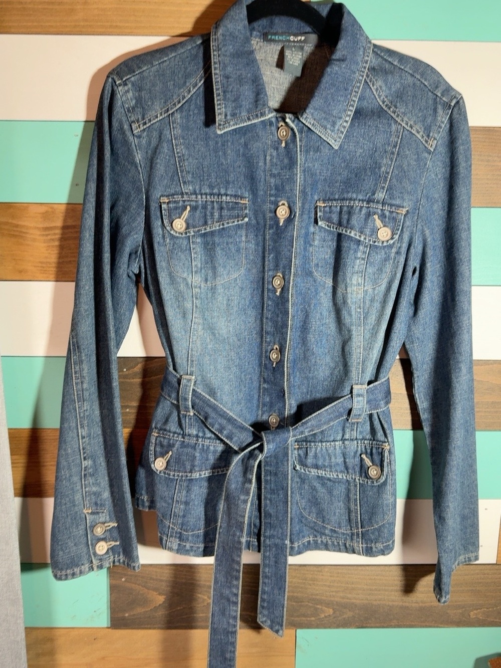 French Cuff Women’s Large Belted Denim Safari Jacket 4 Pocket Western Y2K